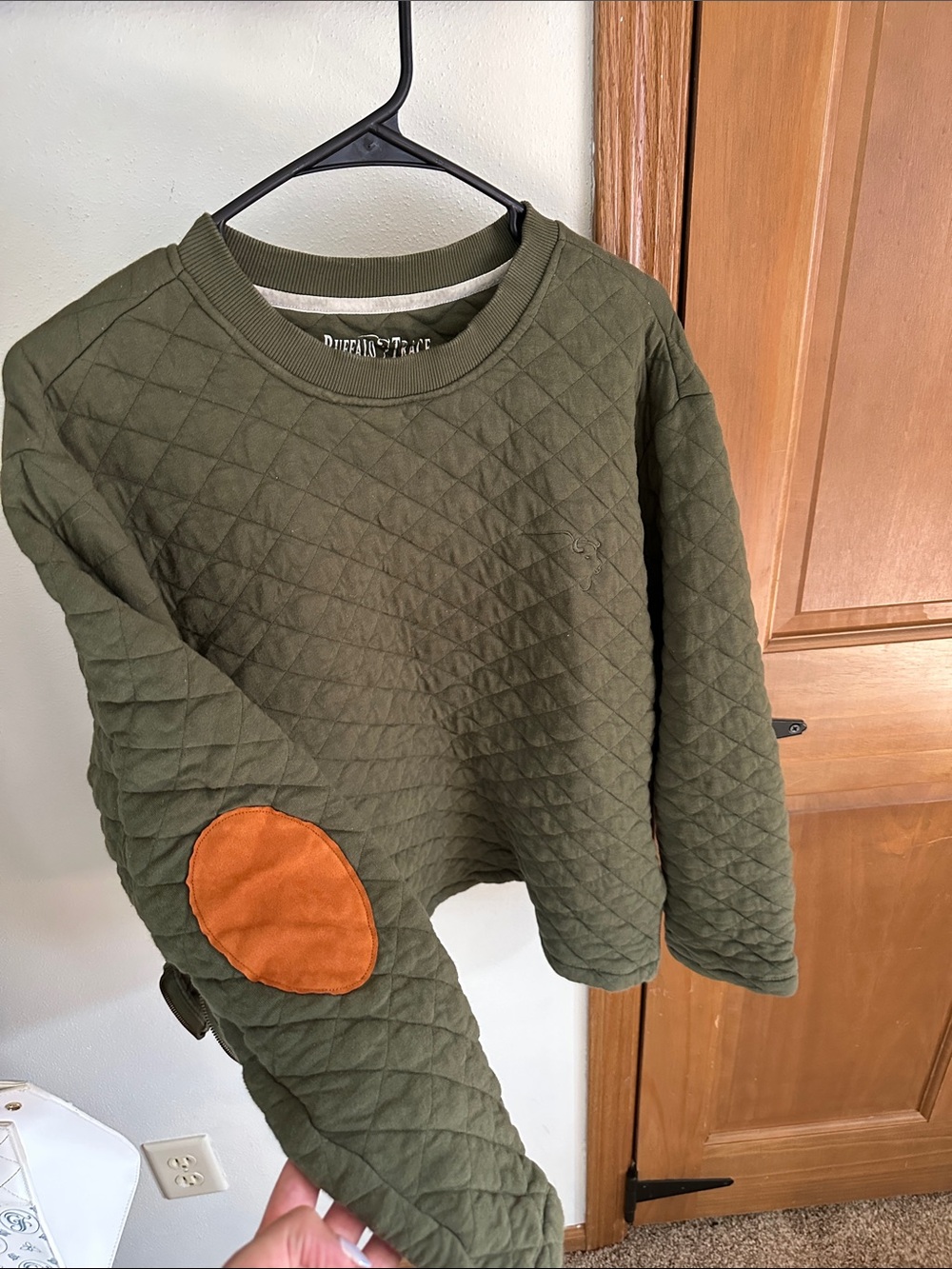 Quilted Olive Crewneck Sweatshirt with Orange Elbow Patch